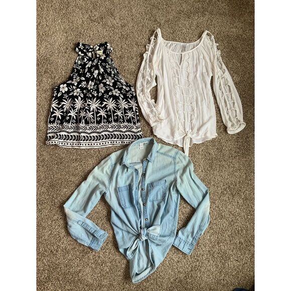 Lot of 3 Piece Summer Bundle Light Denim Shirt‎ Tropical Top White Boho Blouse - Picture 1 of 7